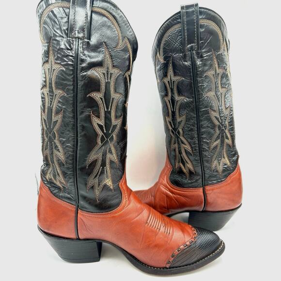 Vintage Tony Lama Boots 6951 Men’s Black Brown Lizard Tip Western Cowboy Boot 8 - Picture 1 of 10